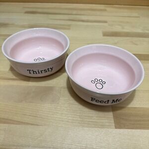 Set Of 2 Signature Housewares 'FEED ME", "THIRSTY" Stoneware Food Water Bowl
